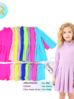 2Pcs Girls Athletic Outfit Set Half Zip Stand Collar Long Sleeve Pleated Tennis Dress With High Waist Matching Bike Shorts Quick Dry Kids Sport Outfit