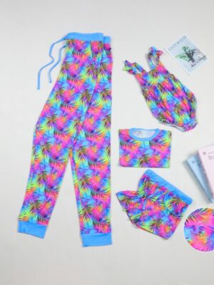 Vibrant Rainbow Tie Dye Tropical Palm Leaf Print Kids Mix & Match Separates Ruffle Spaghetti Strap Bodysuit Short Sleeve Crew Neck Top Elastic Shorts Cuffed Jogger Pants Summer Baby Outfit Collection
