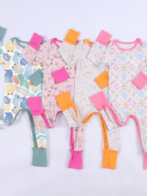 Cartoon Animal Farm Floral Plaid Stripe Print Baby Long Sleeve Footless Zip Romper Two-Way Vertical Zipper Fold Over Mitten Cuffs Easy Diaper Change Soft Infant Sleep Onesie Multiple Prints Outfit