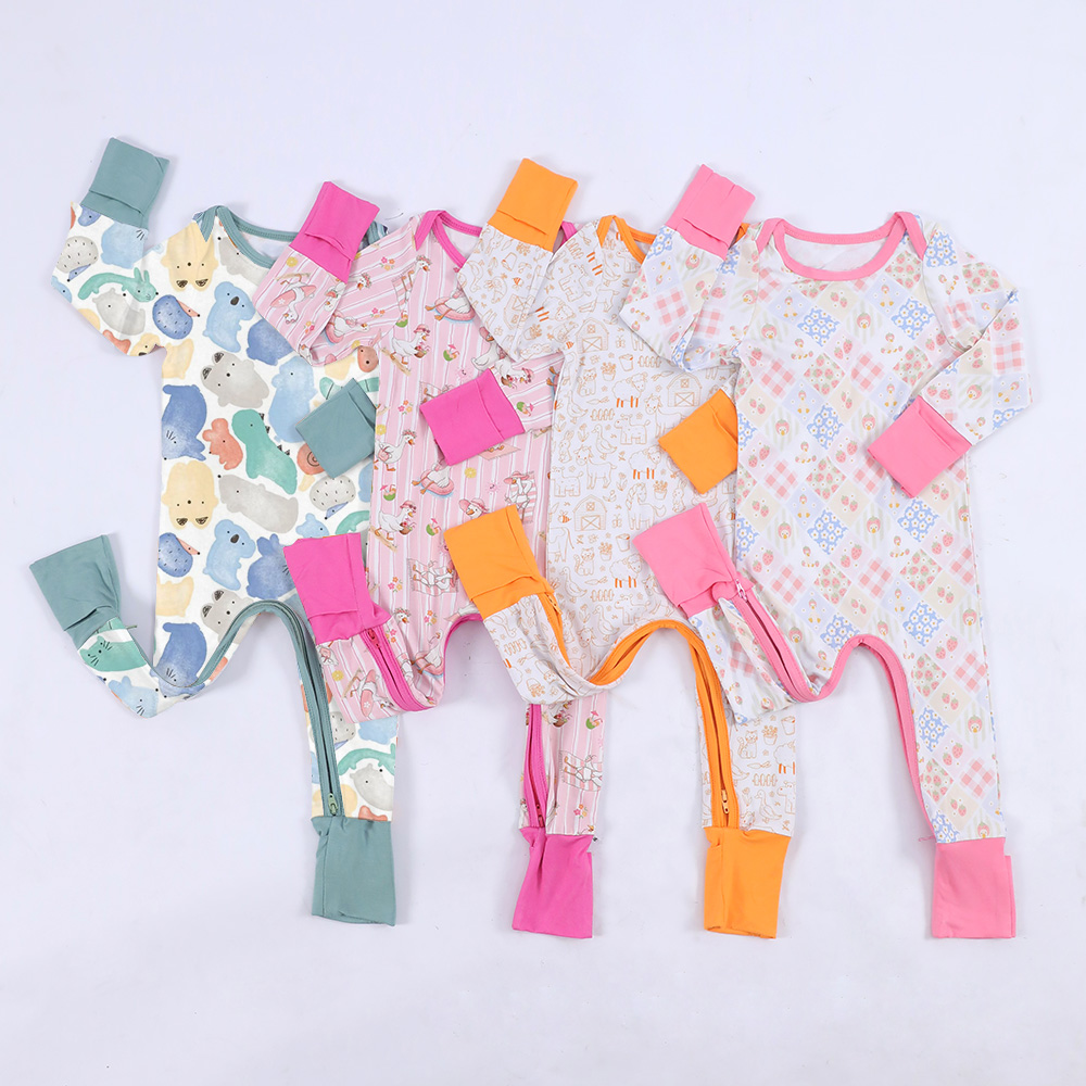 Cartoon Animal Farm Floral Plaid Stripe Print Baby Long Sleeve Footless Zip Romper Two-Way Vertical Zipper Fold Over Mitten Cuffs Easy Diaper Change Soft Infant Sleep Onesie Multiple Prints Outfit