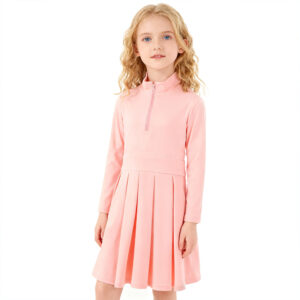 2Pcs Girls Athletic Outfit Set Half Zip Stand Collar Long Sleeve Pleated Tennis Dress With High Waist Matching Bike Shorts Quick Dry Kids Sport Outfit