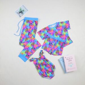 Vibrant Rainbow Tie Dye Tropical Palm Leaf Print Kids Mix & Match Separates Ruffle Spaghetti Strap Bodysuit Short Sleeve Crew Neck Top Elastic Shorts Cuffed Jogger Pants Summer Baby Outfit Collection