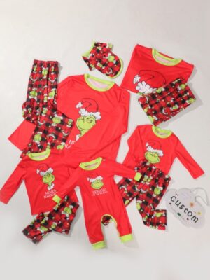 Christmas Grinch Character Red Buffalo Plaid Matching Family Pajama Set Crew Neck Long Sleeve Top + Elastic Waist Pants Mommy & Me Matching Holiday Sleepwear For Mom Kids Baby Family Xmas Photoshoot