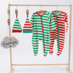 Holiday Striped Infant Footie Onesie Vertical Snap Closure Easy Diaper Change Fold Over Cuffs Matching Xmas Elf Hat Soft Stretch Fabric Newborn Christmas Loungewear Gift Set