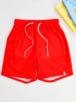 Solid Red Boys Swim Trunks Elastic Drawstring Waist Built-in Soft Liner Side Cargo Pocket Quick Dry Fabric Kids Beach Board Shorts For Swimming Pool Summer Vacation