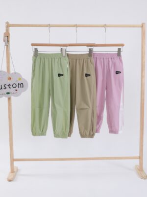 Customizable Solid Pastel Color Kids Summer Jogger Pants Elastic High Waist Breathable Mesh Side Panel Elastic Cuff Ankle Joggers Custom Logo Tag Lightweight Quick Dry Fabric Toddler Outdoor Casual Trousers 3 Color Options