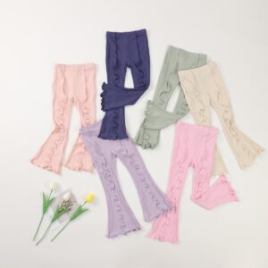 Solid Color Girls Ribbed Knit Flare Leg Leggings Wavy Ruffle Side Trim Stretch High Waist Bell Bottom Pants Soft Skin-Friendly Fabric Toddler Spring Summer Casual Bottoms Color Options