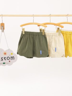 Customizable Solid Color Kids Cotton Casual Shorts Elastic Gathered Waist Custom Woven Label Loose Wide Leg Lightweight Breathable Woven Fabric Toddler Summer Outdoor Play Shorts