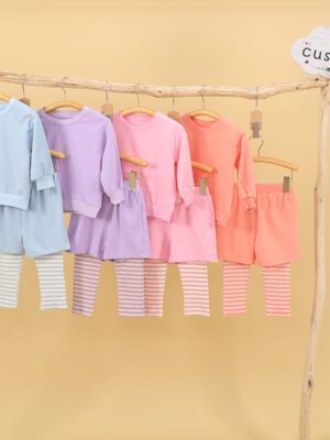 Toddler Casual Matching Outfit Plain Long Sleeve Crew Top Loose Side Pocket Shorts Stripe Print Stretch Leggings Skin Friendly Breathable Fabric Little Girls Home Outdoor Loungewear Set