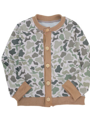 Vintage Camouflage Animal Dog Pattern Children Button Cardigan Contrast Rib Collar Cuff & Hem Front Wooden Buttons Loose Fit Soft Breathable Fabric Little Boys Spring Autumn Layering Coat