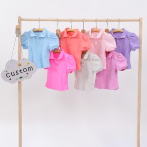 Kids Polo Collar Short Puff Sleeve Blouse Half Button Placket Design Breathable Stretch Fabric Casual Sport Top For Tennis Daily Play & School