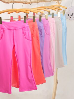 High Rise Side Pocket Toddler Girls Bell Bottom Pants Stretchy Breathable Lightweight Fabric Wide Flared Ankle Hem Elastic No-Roll Waistband Loose Comfort Fit Little Girls Dance Gym Outdoor Play Athletic Flare Pants