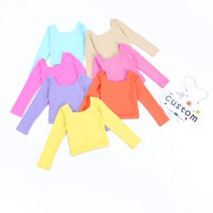 Little Girls Square Neck Long Sleeve Cropped Top Soft Breathable Stretchy Fabric Basic Solid Color Tee For Dance Gymnastics Casual Outfit