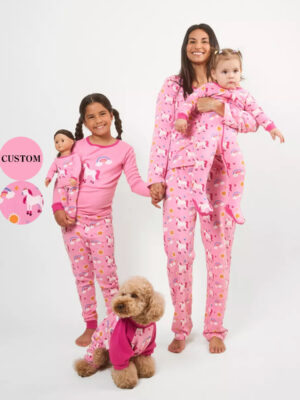 Pink Unicorn Rainbow Print Matching Family Pajama Set Mommy & Me Long Sleeve Top Pants Matching Outfit For Mom Girl Kid Doll And Pet Dog Family Matching Sleepwear Loungewear Set For Holiday Photoshoot