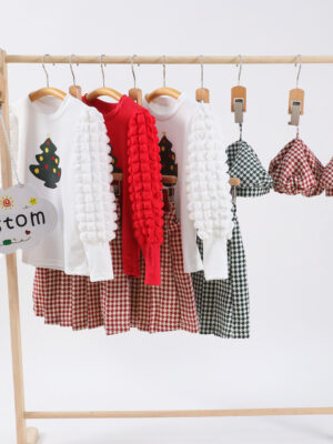 Christmas Tree Applique Girls 3 Piece Outfit Set Textured Bubble Puff Long Sleeve Top Houndstooth Pleated Skirt Matching Beret Hat Soft Fabric Toddler Holiday Party Xmas Clothing Set Multiple Color Options