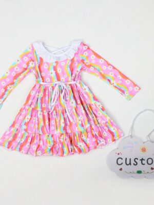 Pink Rainbow Daisy All Over Print Girls Long Sleeve Tiered Ruffle Dress White Ruffle Peter Pan Collar Criss Cross Back Self Tie Waist Layered Swing Twirl Skirt Custom Print Toddler Spring Casual Party Dress