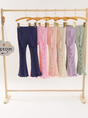 Solid Color Girls Ribbed Knit Flare Leg Leggings Wavy Ruffle Side Trim Stretch High Waist Bell Bottom Pants Soft Skin-Friendly Fabric Toddler Spring Summer Casual Bottoms Color Options
