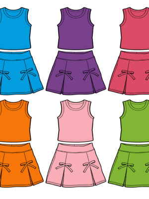 Kids Matching Sleeveless Vest & Skort Set Plain Bright Hue Crop Top Side Bow Accent Pleated Skirt With Hidden Shorts Elastic Waistband Breathable Fabric Little Girls Casual Beach Sports Outfit