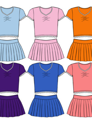 Cute Lace Edge Kids Matching Outfit Set Ruched Front Short Sleeve Crop T-Shirt Elastic Waist A-Line Pleated Skirt Breathable Skin Friendly Fabric Little Girls Daily Holiday Photoshoot Two Piece Suit