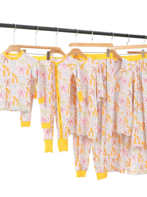 Cute Hand Drawn Bow Pattern Children Matching Cozy Pajama Suit Round Neck Long Sleeve Tee Cuffed Jogger Pants Skin-Friendly Girls Nightwear Daily Indoor Casual Outfit