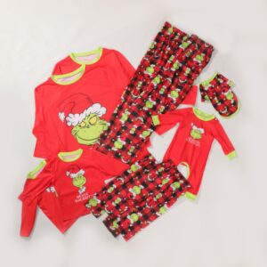 Christmas Grinch Character Red Buffalo Plaid Matching Family Pajama Set Crew Neck Long Sleeve Top + Elastic Waist Pants Mommy & Me Matching Holiday Sleepwear For Mom Kids Baby Family Xmas Photoshoot