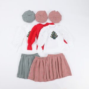 Christmas Tree Applique Girls 3 Piece Outfit Set Textured Bubble Puff Long Sleeve Top Houndstooth Pleated Skirt Matching Beret Hat Soft Fabric Toddler Holiday Party Xmas Clothing Set Multiple Color Options