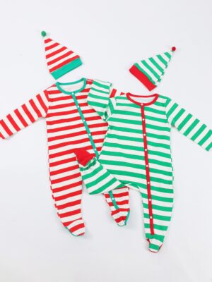 Holiday Striped Infant Footie Onesie Vertical Snap Closure Easy Diaper Change Fold Over Cuffs Matching Xmas Elf Hat Soft Stretch Fabric Newborn Christmas Loungewear Gift Set