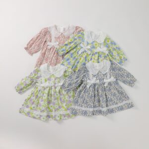 Cottagecore Floral Print Toddler Long Sleeve Dress White Lace Puff Sleeves With Bow Detail Lace Hem Trim Soft Cotton Kids Spring Dress Multiple Color Options