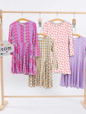 Kids Custom Print Long Sleeve Twirl Dress Round Neckline All Over Floral/Stripe/Bow Pattern Flared Skirt Comfortable Stretch Fabric Ideal For Everyday Play & Photoshoots