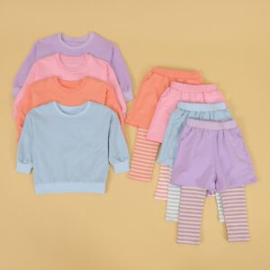 Toddler Casual Matching Outfit Plain Long Sleeve Crew Top Loose Side Pocket Shorts Stripe Print Stretch Leggings Skin Friendly Breathable Fabric Little Girls Home Outdoor Loungewear Set