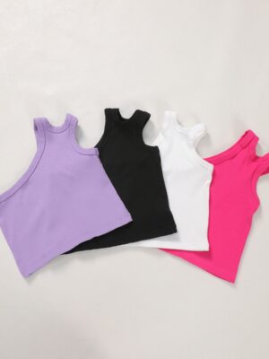 Kids Rib Knit Crop Tank Top U Neck Racerback Sleeveless Cami Soft Stretch Ribbed Fabric Slim Cropped Hem Toddler Summer Basic Layering Vest 4 Bright Solid Color Choices