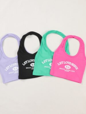 Letter Graphic Print Kids Halter Neck Crop Tank Top U Neck Sleeveless Rib Knit Cami Stretch Soft Ribbed Fabric Chest Print Slim Cropped Hem Toddler Summer Casual Layering Vest 4 Bright Solid Colors