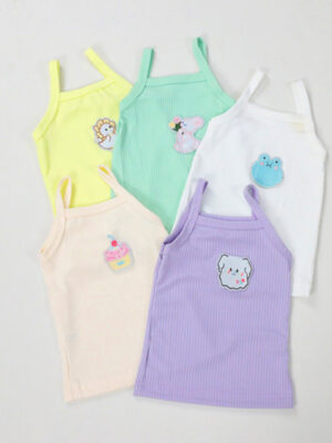 Cartoon Applique Toddler Sleeveless Vest Thin Adjustable Spaghetti Straps Chest Animal Patch Badge Vertical Ribbed Elastic Fabric Skin Friendly Little Girls Beach Daily Casual Layering Sling Top