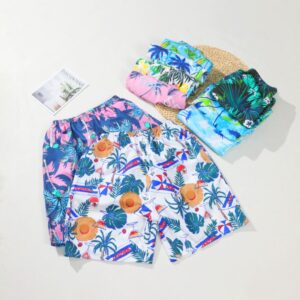 Hawaiian Tropical Palm Coconut Tree All Over Print Kids Beach Shorts Elastic Adjustable Drawstring Waist Loose Wide Leg Quick Dry Lightweight Fabric Toddler Boys Summer Pool Vacation Swim Board Shorts Multiple Island Floral Pattern Options
