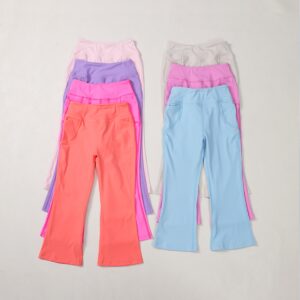 High Rise Side Pocket Toddler Girls Bell Bottom Pants Stretchy Breathable Lightweight Fabric Wide Flared Ankle Hem Elastic No-Roll Waistband Loose Comfort Fit Little Girls Dance Gym Outdoor Play Athletic Flare Pants