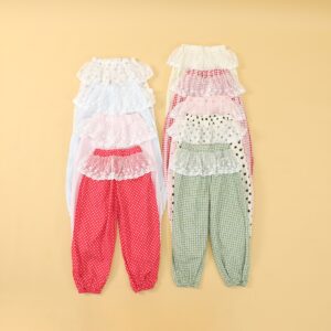 Sweet Lace Frill Waist Toddler Girls Baggy Casual Pants Full Polka Dot / Gingham / Plaid Pattern Elastic Gathered Ankle Cuffs High Wide Elastic Waist Soft Thin Fabric Little Girls Outdoor Holiday All-Match Vintage Lace Jogger Trousers