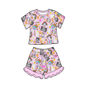 Multi Cartoon All Over Print Kids 2 Piece Pajama Set Crew Neck Short Sleeve Top Elastic Drawstring Waist Ruffle Hem Shorts Soft Breathable Fabric Toddler Summer Home Loungewear Sleep Matching Outfit 6 Assorted Cute Graphic Patterns