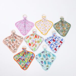 Baby Bibs With Natural Wooden Teething Ring Cute Cartoon Animal/Flower Print Infant Soft Lovey Lovie Blankie Soother Toy For Newborn Toddler