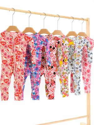 Toddler Cartoon Printed Zip Up Footed Onesie Full Length Double Zipper Design Anti-Angle Leg Opening Newborn Sleepwear Pajama Romper For Daily Nap & Night Sleep