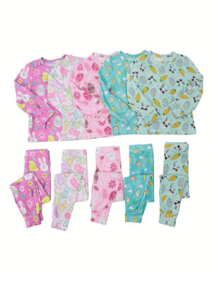Easter Bunny Carrot Egg Rainbow Floral Print Kids 2 Piece Outfit Set Crew Neck Long Sleeve Top + Elastic Waist Pants Soft Fabric Toddler Easter Loungewear Pajama Set Multiple Prints