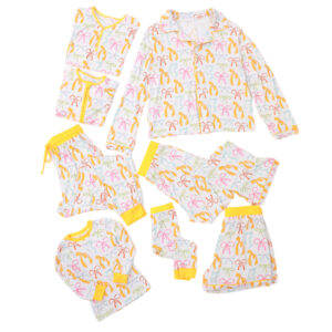 Cute Hand Drawn Bow Pattern Children Matching Cozy Pajama Suit Round Neck Long Sleeve Tee Cuffed Jogger Pants Skin-Friendly Girls Nightwear Daily Indoor Casual Outfit