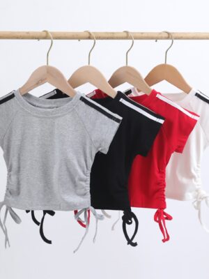 Two Line Shoulder Stripe Toddler Short Sleeve Crop Tee Raglan Sleeve Design Side Tie Gathered Ruched Waist Breathable Soft Knit Slim Fit Little Girls Daily Sports Streetwear Basic Summer Top