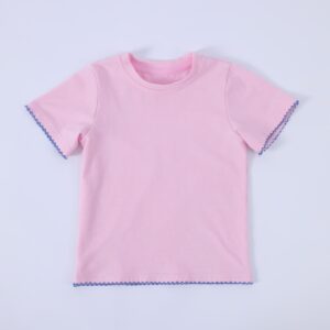 Kids Basic Short Sleeve T-Shirt With Round Neck & Contrast Blue Scalloped Trim At Sleeves And Hem Soft Cotton Blend Fabric Casual Everyday Top For Girls