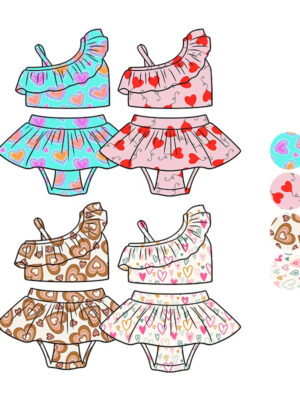 Kids Heart Print Swimsuits Two Piece Off Shoulder Ruffle Trim Top & Skirted Bottom Cute Heart Patterns Soft Quick Dry Fabric Factory Direct Wholesale Swimwear for Toddlers
