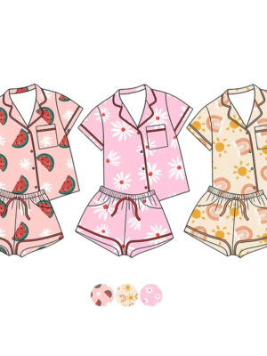 Kids Print Short Sleeve Pajama Sets, Button-Down Top & Shorts Watermelon/Flower/Sun Prints Soft Breathable Fabric Factory Direct Wholesale Summer Loungewear