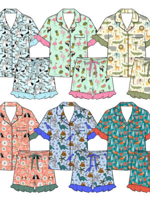Kids Animal Print Pajama Sets Ruffle Trim Short Sleeve Button-Up Top & Shorts\ Cute Jungle/Flamingo/Penguin PrintsSoft Breathable FabricFactory Direct Wholesale Summer Loungewear