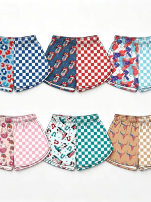 Double Sided Split Contrast Print Kids Casual Shorts Checkerboard Grid Mixed Holiday Cartoon Pattern Elastic Drawstring Waist Soft Stretch Fabric Toddler Summer Play Lounge Shorts Print Options