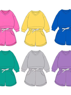 Basic Plain Solid Tone Toddler Matching Two Piece Outfit Loose Fit V Neck Crop Long Sleeve Top Elastic Gathered Waist Drawstring Shorts With Side Storage Pockets Lightweight Skin Friendly Fabric Little Boys Girls Summer Spring Leisure Suit