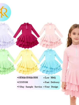 Kids Half Front Zip Stand Collar Long Sleeve Tennis Dress Two Layer Tier Ruffle Flared Skirt Soft Breathable Fabric Multiple Colors Available Sports Casual Dress