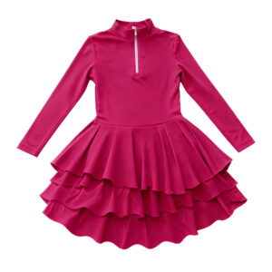 Kids Half Front Zip Stand Collar Long Sleeve Tennis Dress Two Layer Tier Ruffle Flared Skirt Soft Breathable Fabric Multiple Colors Available Sports Casual Dress